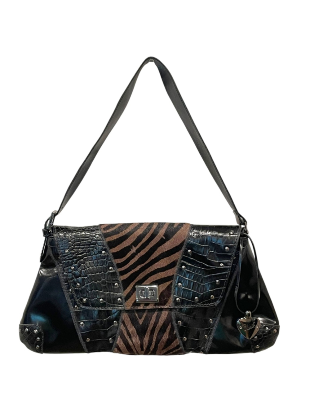 Sharif Womens Shoulder Bag Animal Print Kisslock Silver Hardware Black Brown NEW
